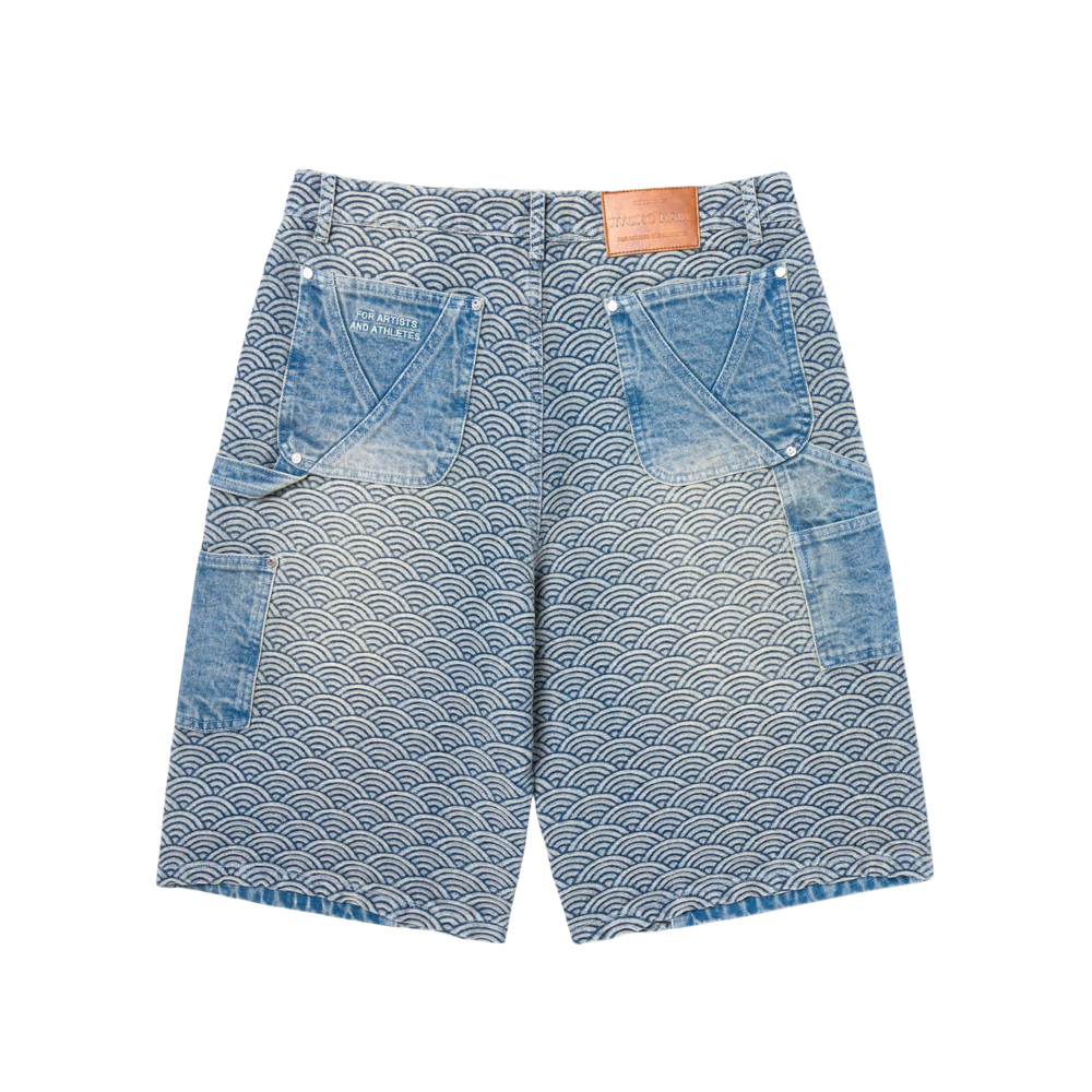 Ryoko Rain Seigaiha Denim Double Knee Carpenter Shorts - Blue