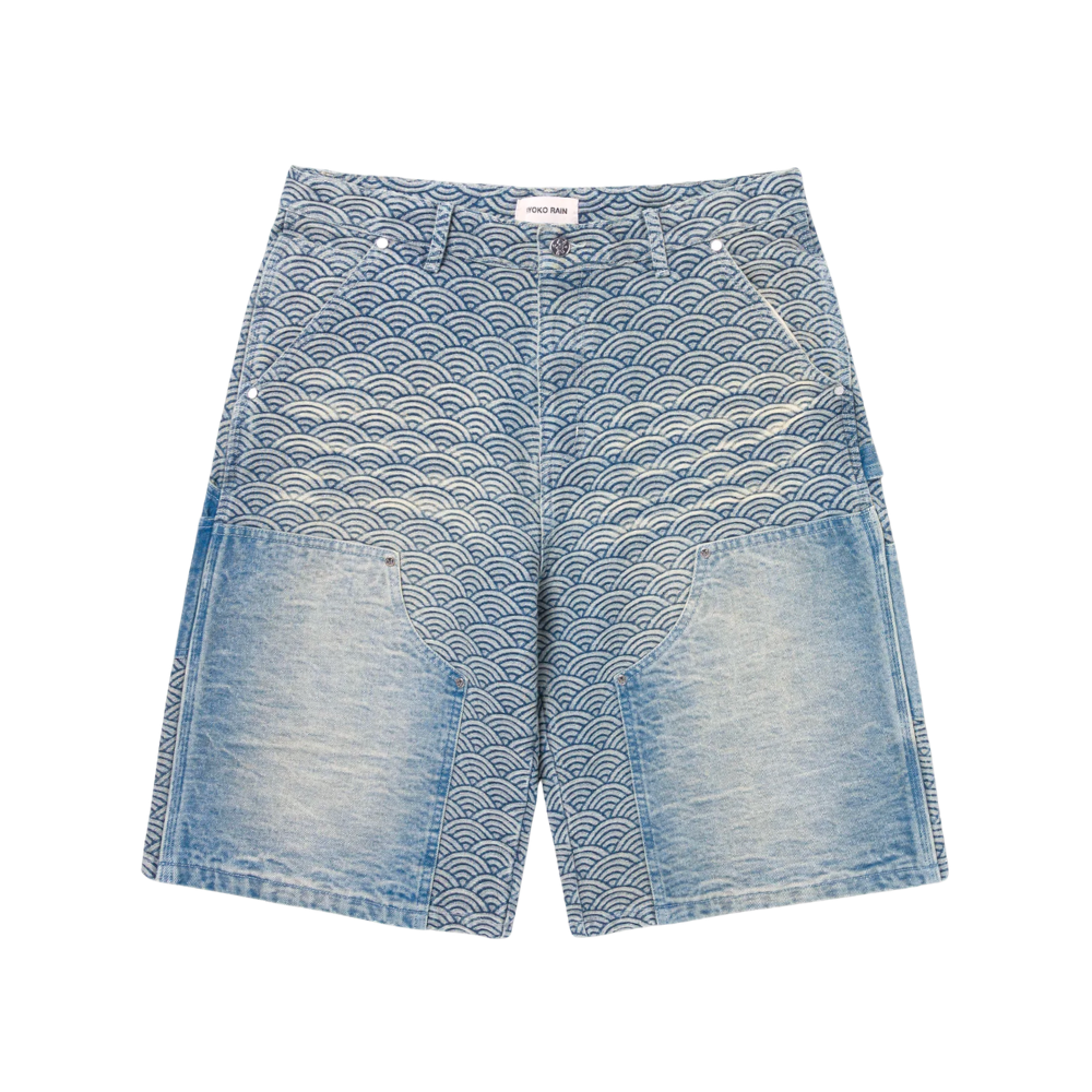 Ryoko Rain Seigaiha Denim Double Knee Carpenter Shorts - Blue