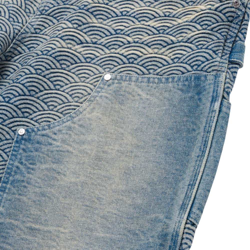 Ryoko Rain Seigaiha Denim Double Knee Carpenter Shorts - Blue